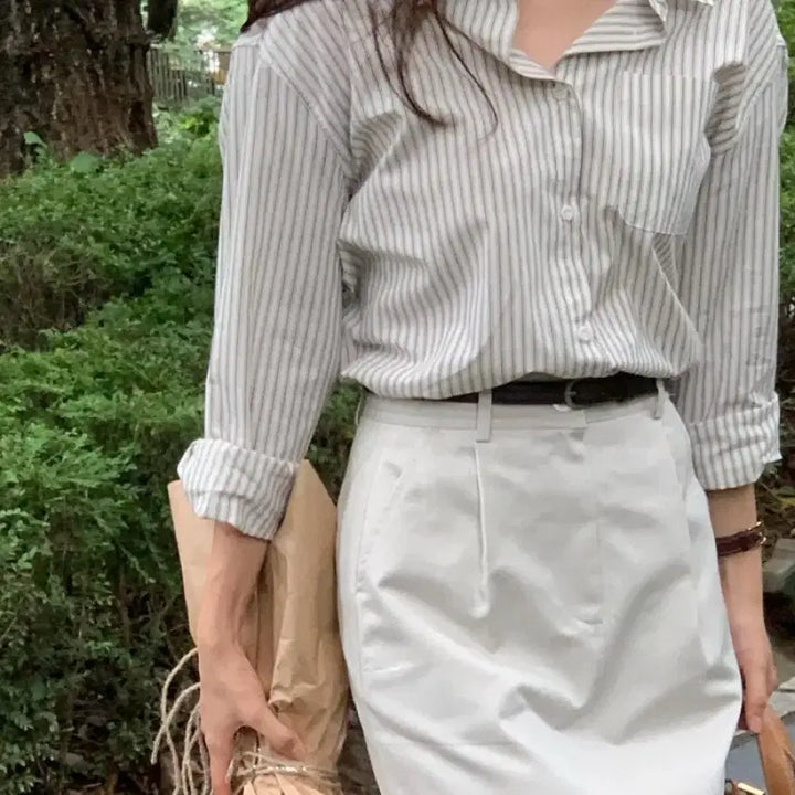 [BUNJANG] Verveine Natural Stripe Shirt (Black) / [verveine] 버베인 네추럴 스트라이프 셔츠 ( 블랙 )