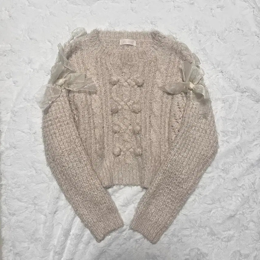 [BUNJANG] Liz Lisa Beige Pom-Pom Ribbon Knit Top / 리즈리사 연베이지 폼폼이 리본 니트