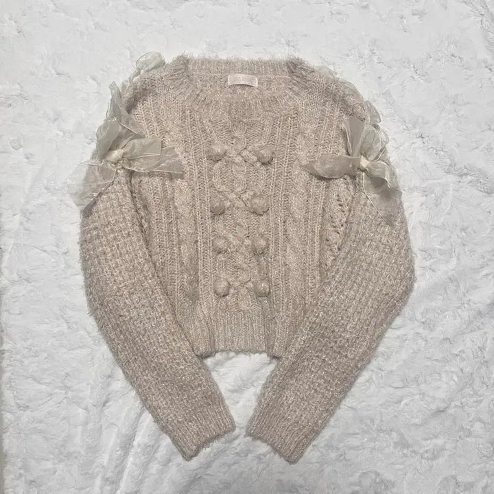 [BUNJANG] Liz Lisa Beige Pom-Pom Ribbon Knit Top / 리즈리사 연베이지 폼폼이 리본 니트