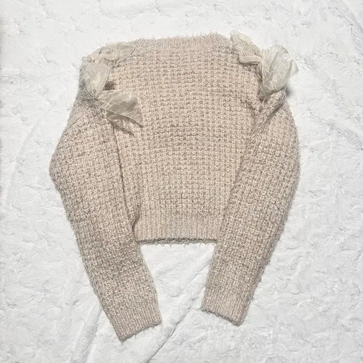 [BUNJANG] Liz Lisa Beige Pom-Pom Ribbon Knit Top / 리즈리사 연베이지 폼폼이 리본 니트