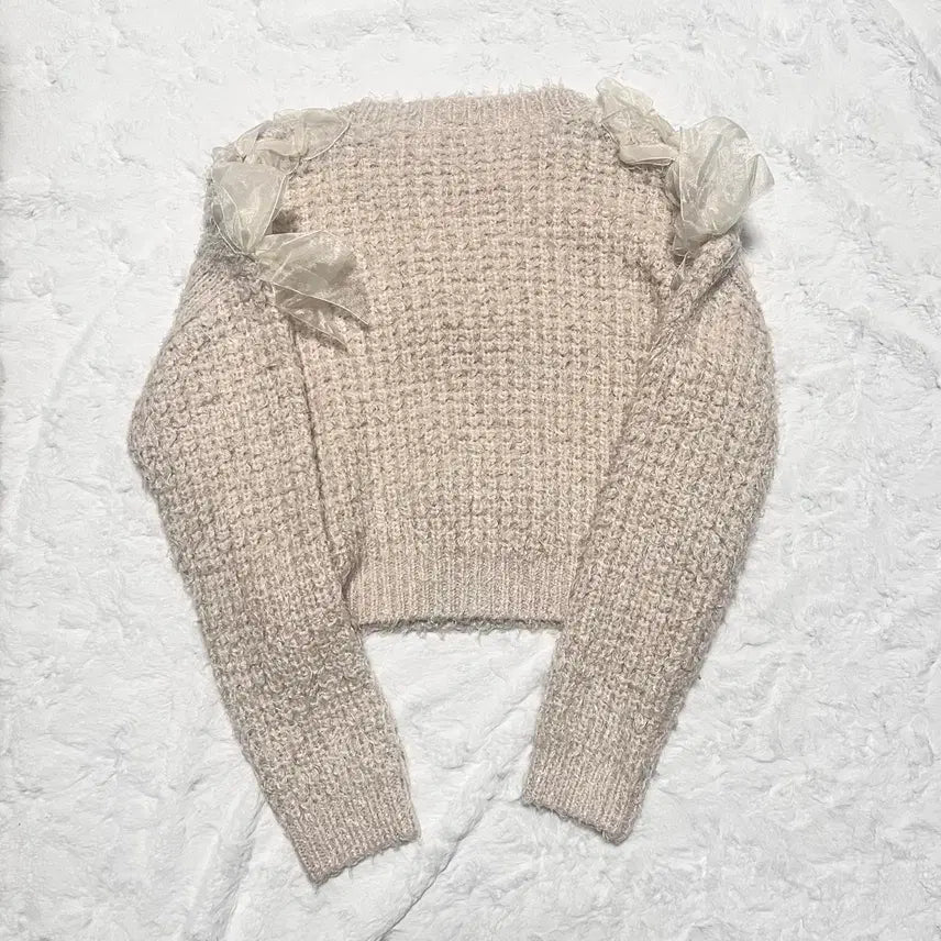 [BUNJANG] Liz Lisa Beige Pom-Pom Ribbon Knit Top / 리즈리사 연베이지 폼폼이 리본 니트
