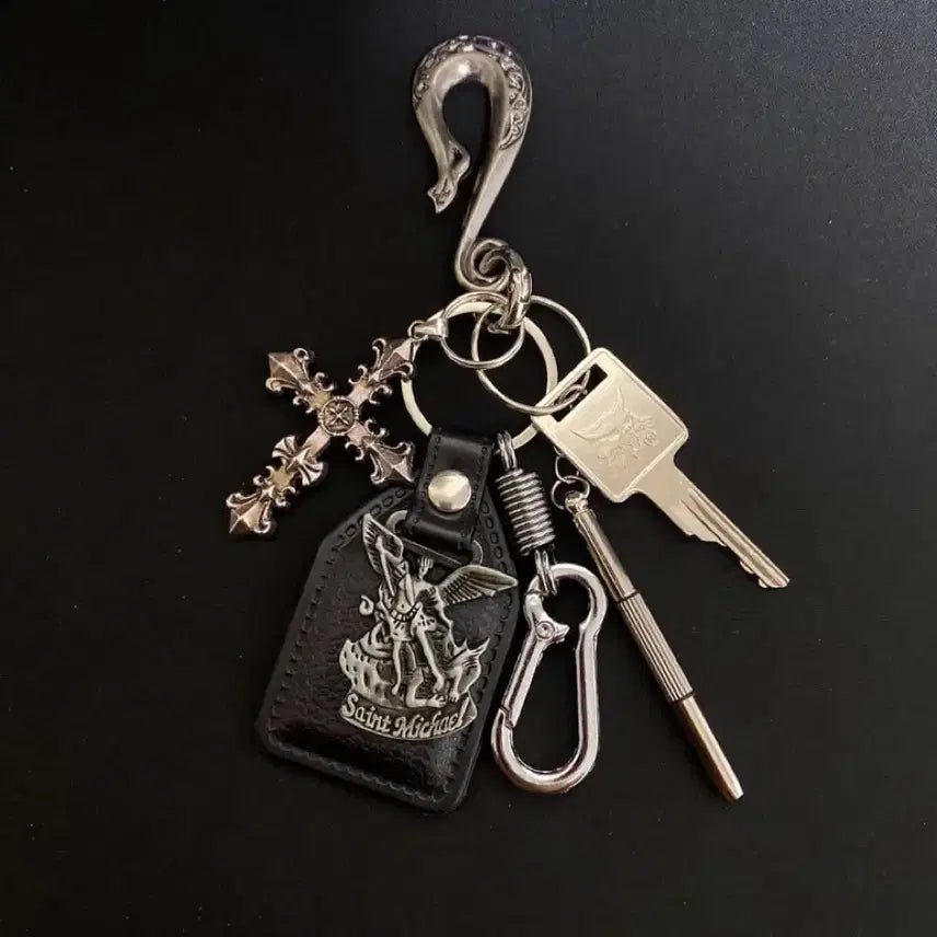 [BUNJANG] Cross Charm Leather Pendant Spring Carabiner Keyring / 크로스 키링