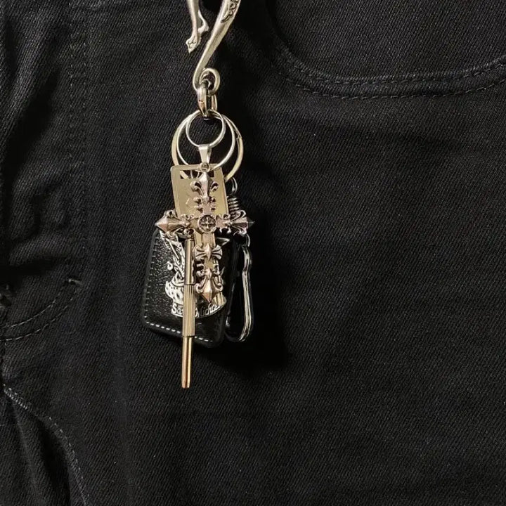 [BUNJANG] Cross Charm Leather Pendant Spring Carabiner Keyring / 크로스 키링