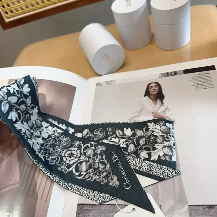 [BUNJANG] Dior Black Flower Twilly Scarf / 디올 블랙 플라워 트윌리 스카프
