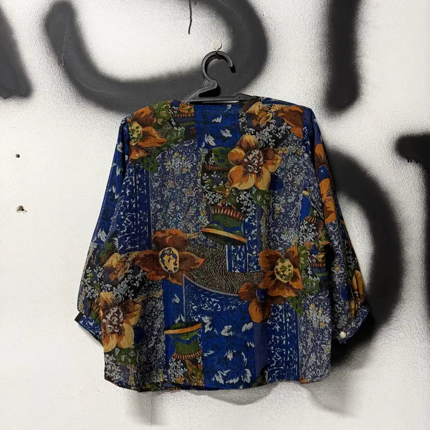 [BUNJANG] VTG Ethnic Pattern Blue Tone Collarless Long Sleeve Shirt Jacket / VTG 빈티지 에스닉 패턴 블루톤 논카라 긴팔 셔츠 자켓