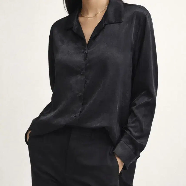 [BUNJANG] Silky Satin Black Roots Fit Shirt Blouse / 실키 새틴 블랙 루츠핏 셔츠 블라우스