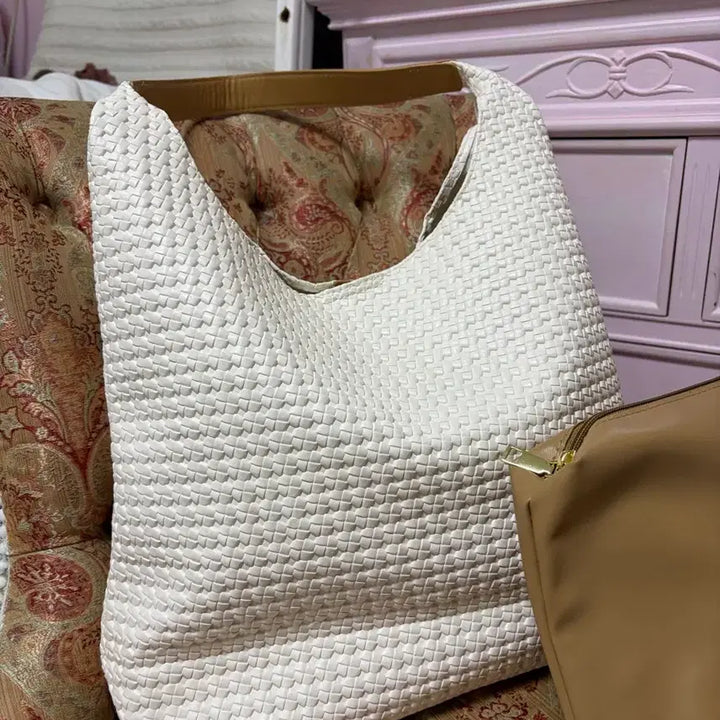 [BUNJANG] White Woven Straw Bag &amp; Beige Clutch / 화이트 엮음 스트로우백 &amp; 베이지 클러치