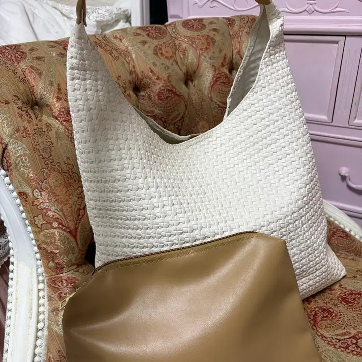 [BUNJANG] White Woven Straw Bag &amp; Beige Clutch / 화이트 엮음 스트로우백 &amp; 베이지 클러치