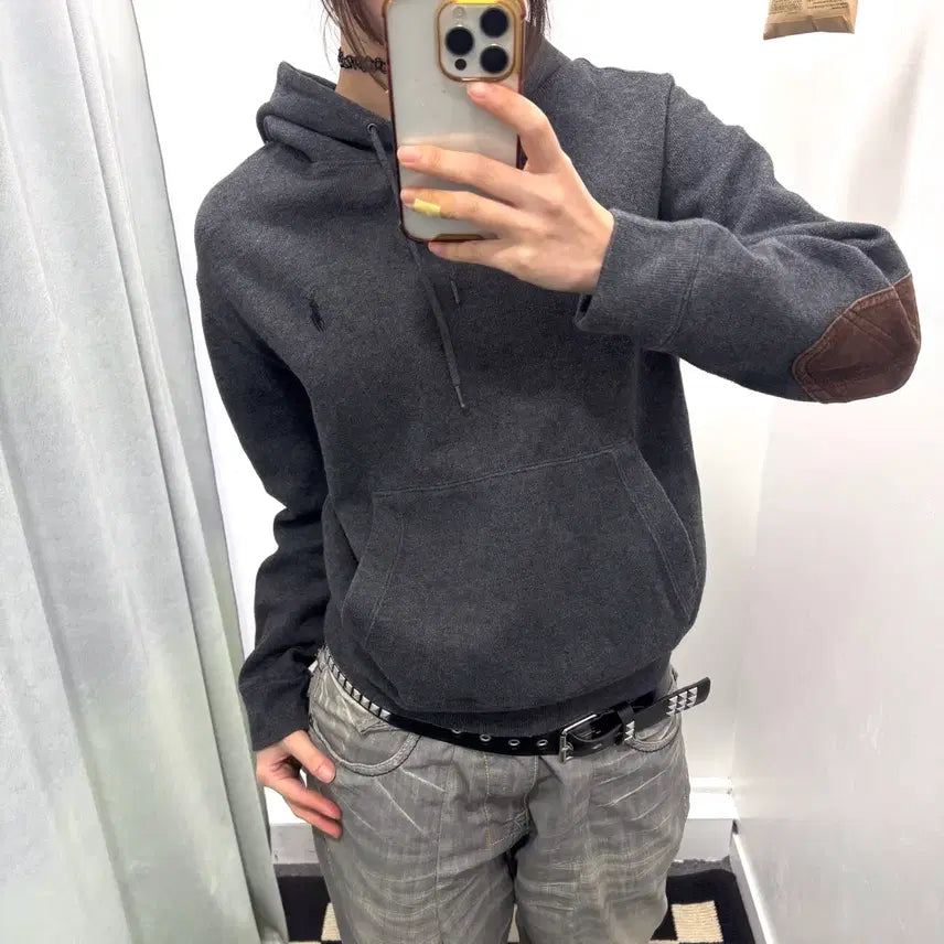 [BUNJANG] Polo Charcoal Arm Patch Hoodie / 폴로 차콜 암패치 후드티