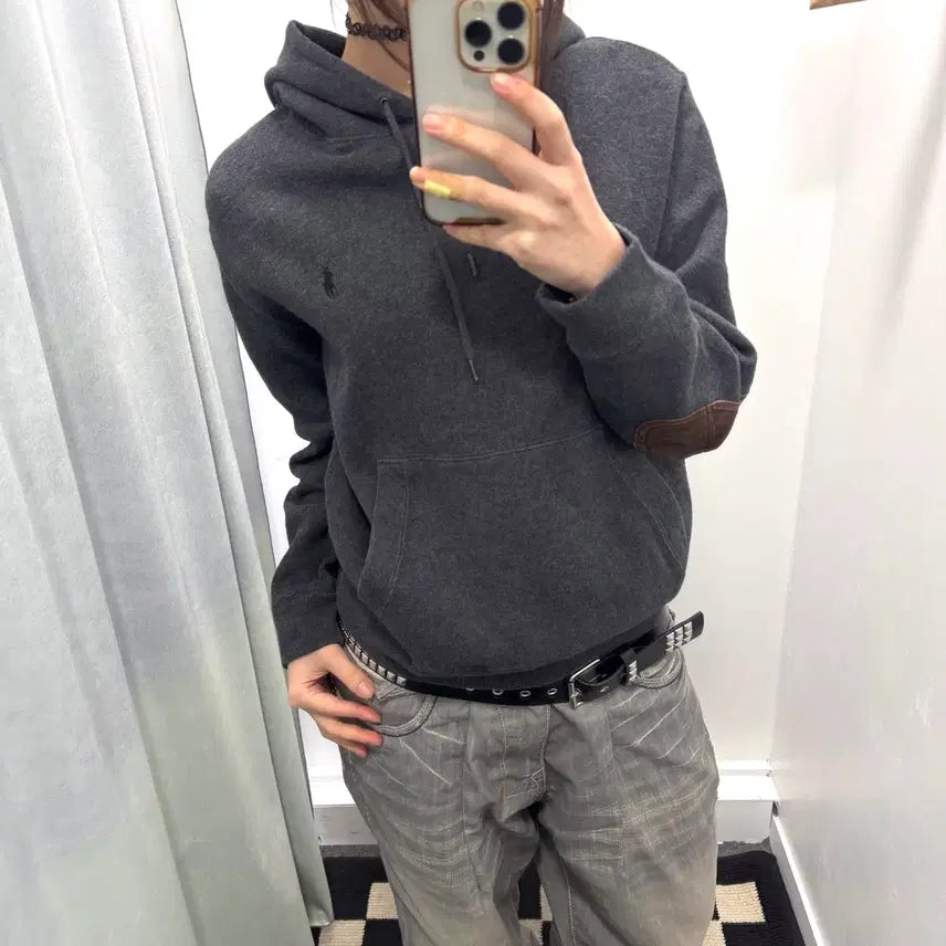 [BUNJANG] Polo Charcoal Arm Patch Hoodie / 폴로 차콜 암패치 후드티