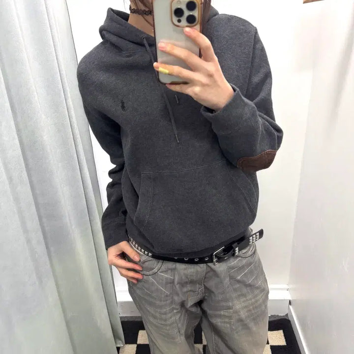 [BUNJANG] Polo Charcoal Arm Patch Hoodie / 폴로 차콜 암패치 후드티