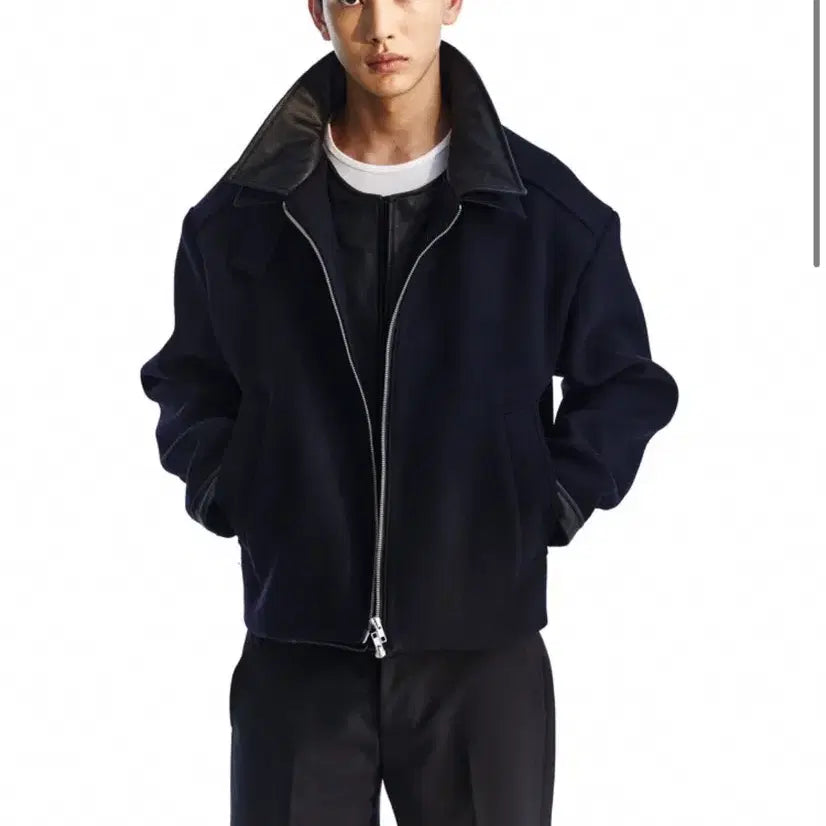 [BUNJANG] moomyng Leather Mixed Layered Crop Jumper / 무명 moomyng 레더 믹스드 레이어드 크롭 점퍼