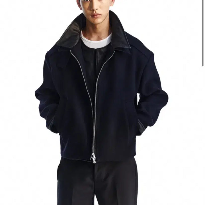 [BUNJANG] moomyng Leather Mixed Layered Crop Jumper / 무명 moomyng 레더 믹스드 레이어드 크롭 점퍼