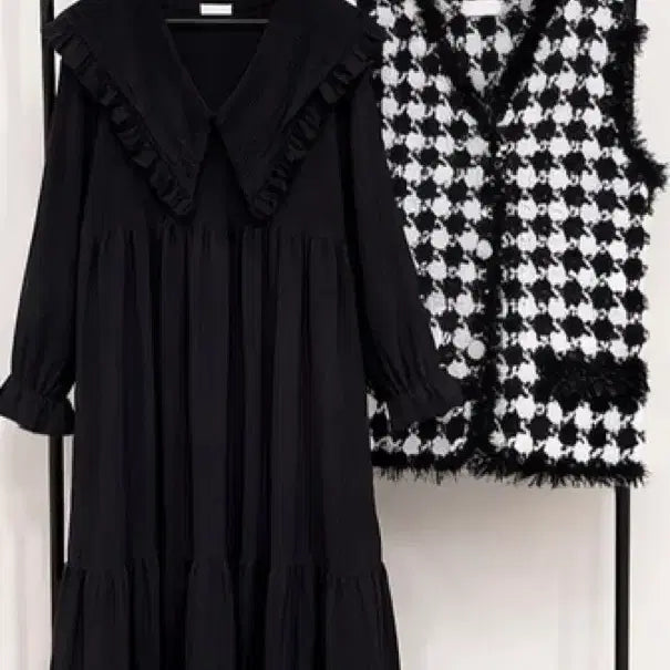 [BUNJANG] Unbranded Long Dress &amp; Boucle Knit Vest Bundle Set / 빅카라 롱원피스 +부클니트 베스트 일괄 새상품