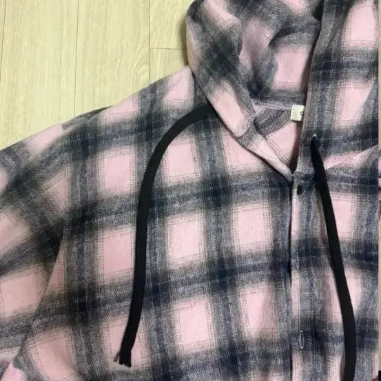 [BUNJANG] Pink and Black Checkered Hooded Shirt (77-99) / 핑크 블랙 체크 후드 셔츠(77~99)
