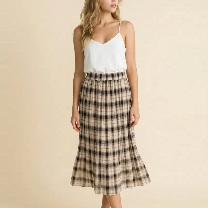 [BUNJANG] Checkered Pleated Long Skirt / 새상품:) 체크 롱 스커트 플리츠 치마