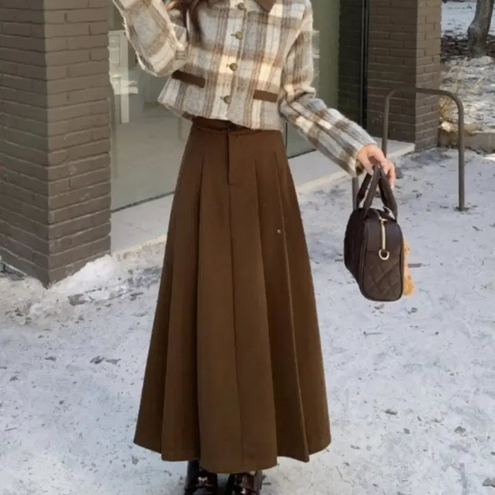 [BUNJANG] Checkered Short Jacket, Pleated Long Skirt, and White Turtleneck Set / 체크 숏자켓+플리츠 롱스커트+화이트 반목 폴라 SET