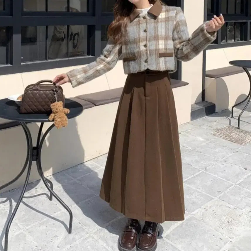 [BUNJANG] Checkered Short Jacket, Pleated Long Skirt, and White Turtleneck Set / 체크 숏자켓+플리츠 롱스커트+화이트 반목 폴라 SET