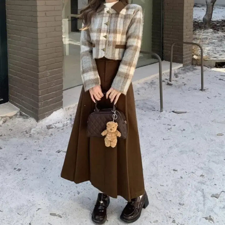 [BUNJANG] Checkered Short Jacket, Pleated Long Skirt, and White Turtleneck Set / 체크 숏자켓+플리츠 롱스커트+화이트 반목 폴라 SET