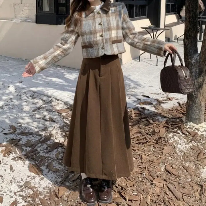 [BUNJANG] Checkered Short Jacket, Pleated Long Skirt, and White Turtleneck Set / 체크 숏자켓+플리츠 롱스커트+화이트 반목 폴라 SET