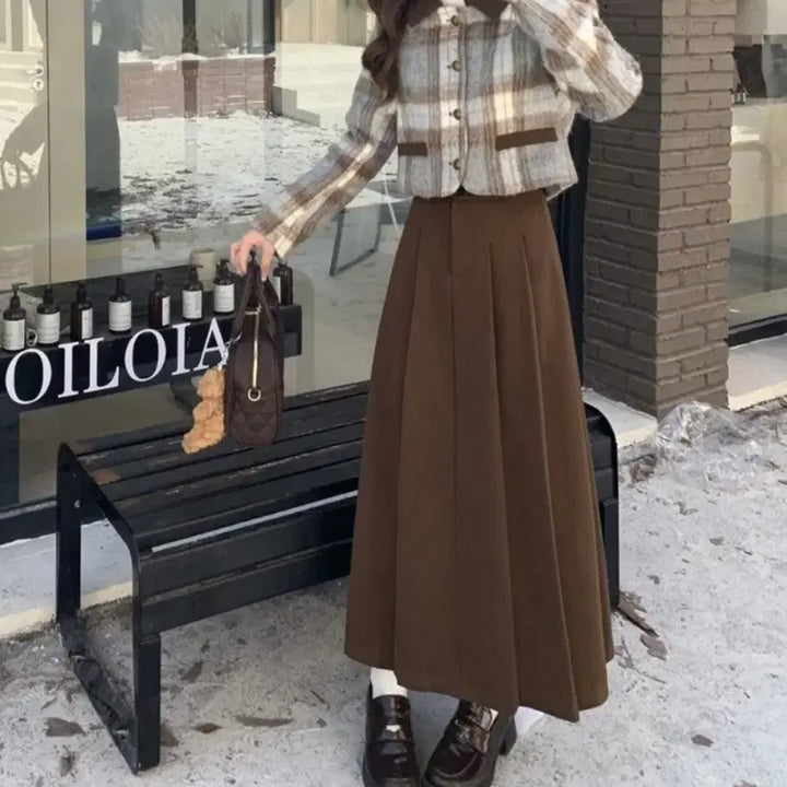 [BUNJANG] Checkered Short Jacket, Pleated Long Skirt, and White Turtleneck Set / 체크 숏자켓+플리츠 롱스커트+화이트 반목 폴라 SET