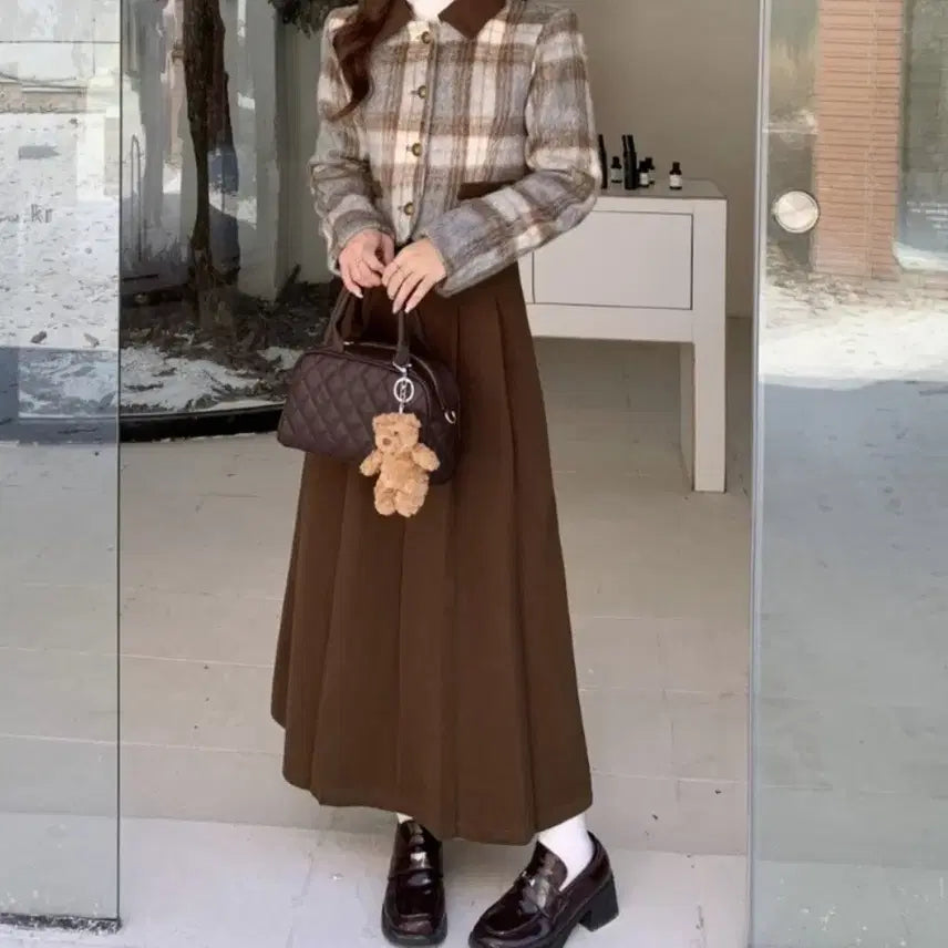 [BUNJANG] Checkered Short Jacket, Pleated Long Skirt, and White Turtleneck Set / 체크 숏자켓+플리츠 롱스커트+화이트 반목 폴라 SET