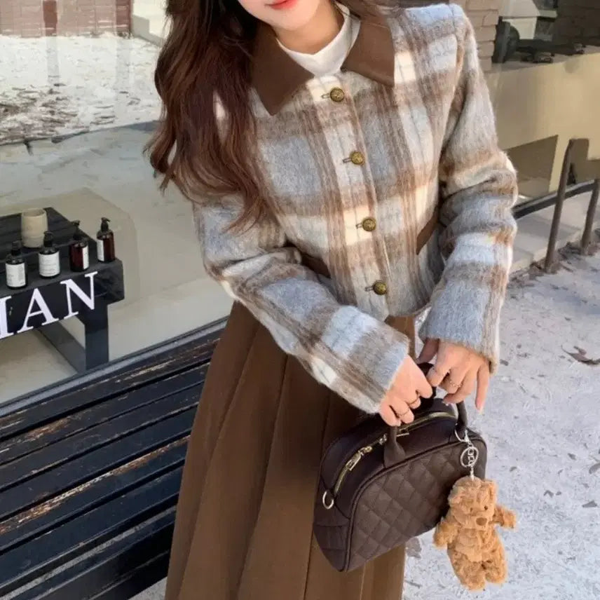 [BUNJANG] Checkered Short Jacket, Pleated Long Skirt, and White Turtleneck Set / 체크 숏자켓+플리츠 롱스커트+화이트 반목 폴라 SET
