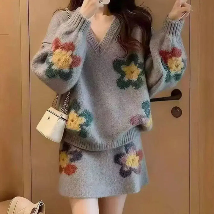 [BUNJANG] Flower Knit Skirt Set / 플라워 니트 스커트 SET