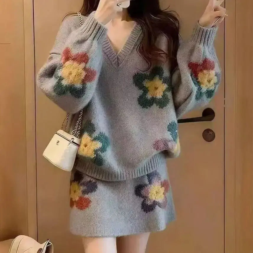 [BUNJANG] Flower Knit Skirt Set / 플라워 니트 스커트 SET