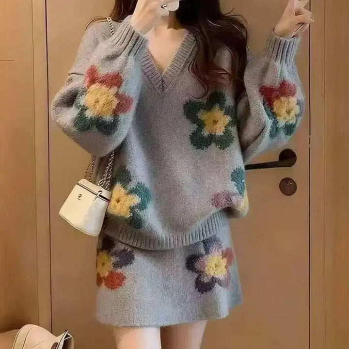 [BUNJANG] Flower Knit Skirt Set / 플라워 니트 스커트 SET