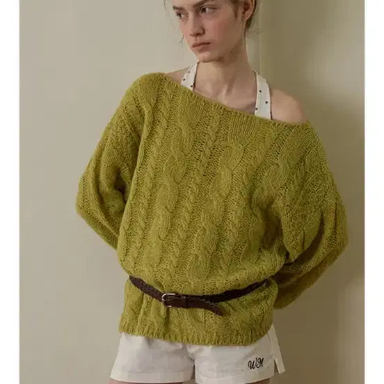 [BUNJANG] Without Summer Cable Knit Olive Sweater / 위드아웃썸머 케이블 니트 올리브