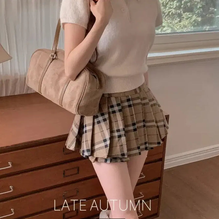 [BUNJANG] High Class Beige Check Wool Mini Skirt / 베이지 체크 울 미니 스커트 이중플리츠 속바지 치마 하이클래식에이블리모직
