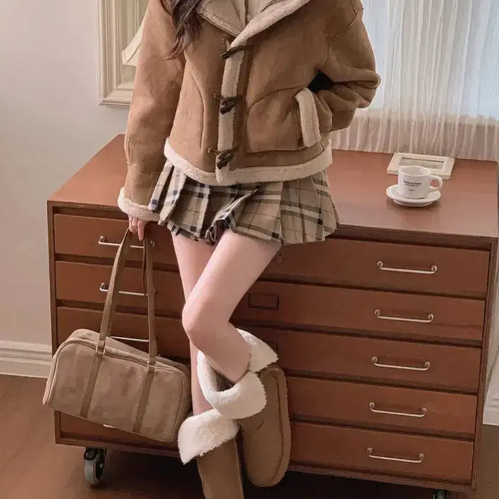 [BUNJANG] High Class Beige Check Wool Mini Skirt / 베이지 체크 울 미니 스커트 이중플리츠 속바지 치마 하이클래식에이블리모직