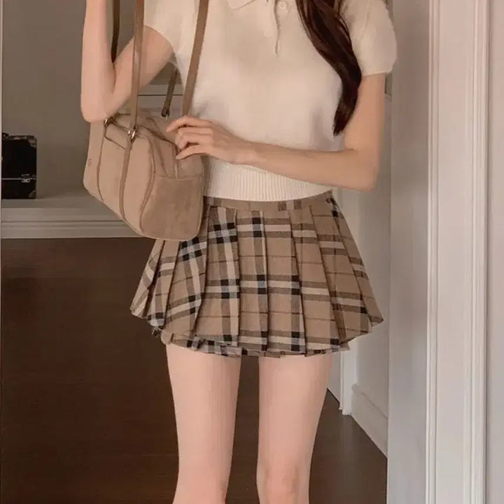 [BUNJANG] High Class Beige Check Wool Mini Skirt / 베이지 체크 울 미니 스커트 이중플리츠 속바지 치마 하이클래식에이블리모직
