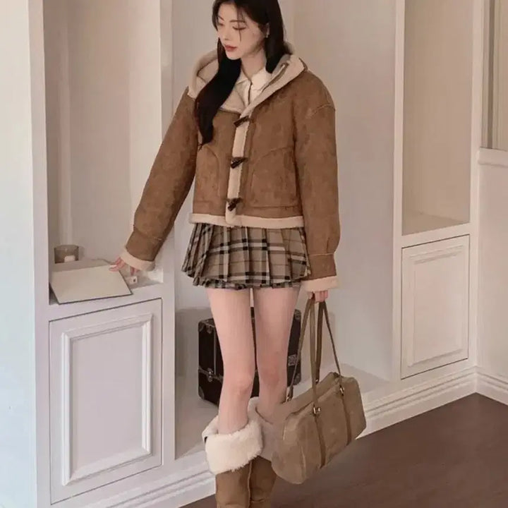 [BUNJANG] High Class Beige Check Wool Mini Skirt / 베이지 체크 울 미니 스커트 이중플리츠 속바지 치마 하이클래식에이블리모직