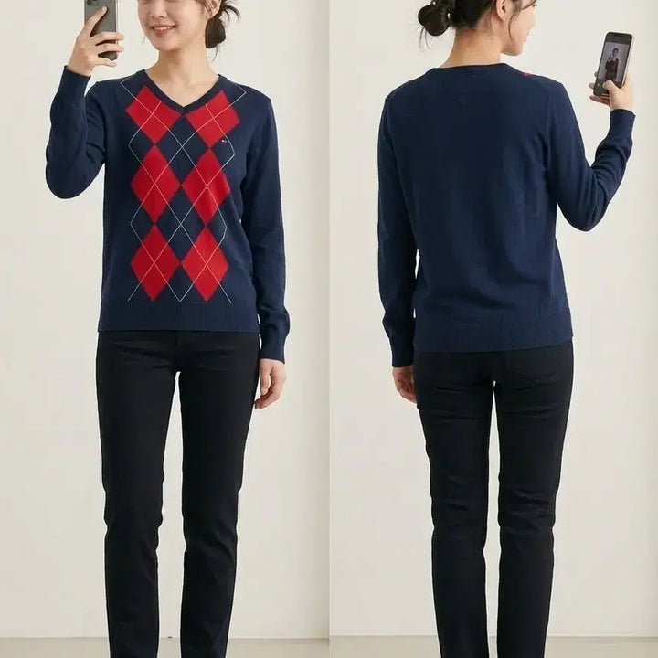 [BUNJANG] Tommy Hilfiger Argyle V-neck Knit Sweater / 타미힐피거 아가일 브이넥 니트 네이비s