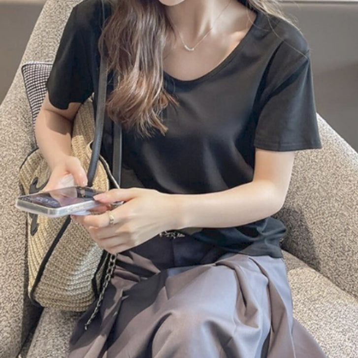 [BUNJANG] Basic Round/U-Neck Short Sleeve T-shirt / 여성 기본 라운드넥 U넥 반팔 티셔츠 1 (1,2 SIZE)(2컬러)