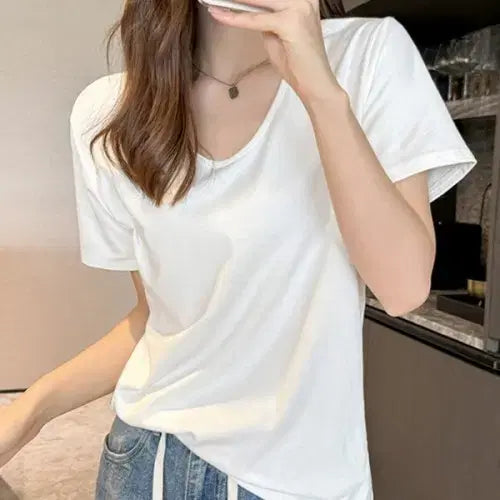 [BUNJANG] Basic Round/U-Neck Short Sleeve T-shirt / 여성 기본 라운드넥 U넥 반팔 티셔츠 1 (1,2 SIZE)(2컬러)