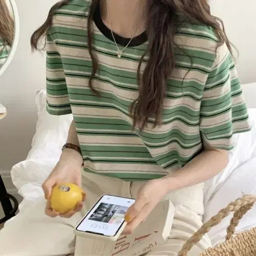 [BUNJANG] Striped Round Neck Short Sleeve T-shirt / 단가라 스트라이프 라운드넥 반팔 티셔츠 1 (FREE)(2컬러)