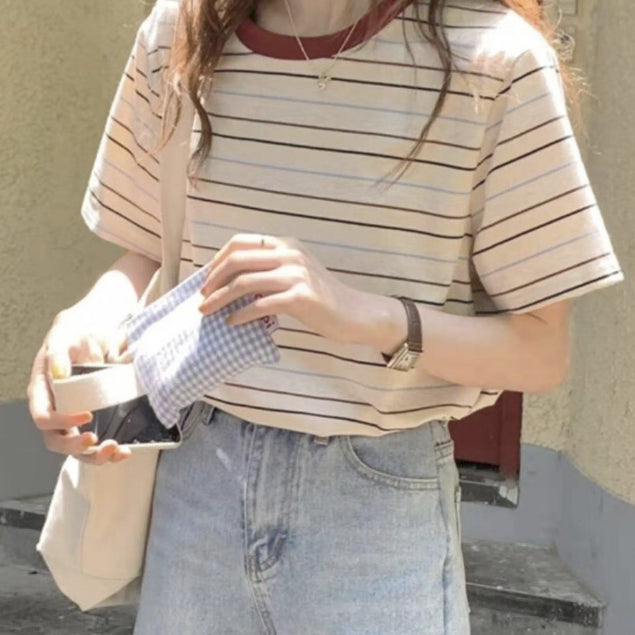 [BUNJANG] Striped Round Neck Short Sleeve T-shirt / 단가라 스트라이프 라운드넥 반팔 티셔츠 1 (FREE)(2컬러)