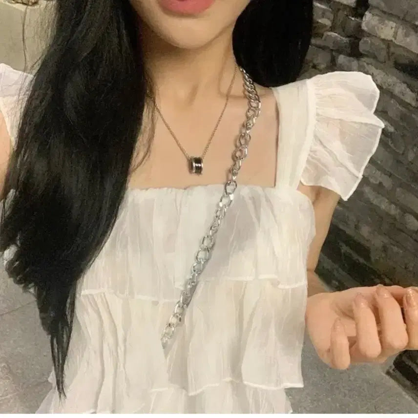 [BUNJANG] White Puff Blouse Layered Top / 화이트 퍼프 블라우스 레이어드 탑
