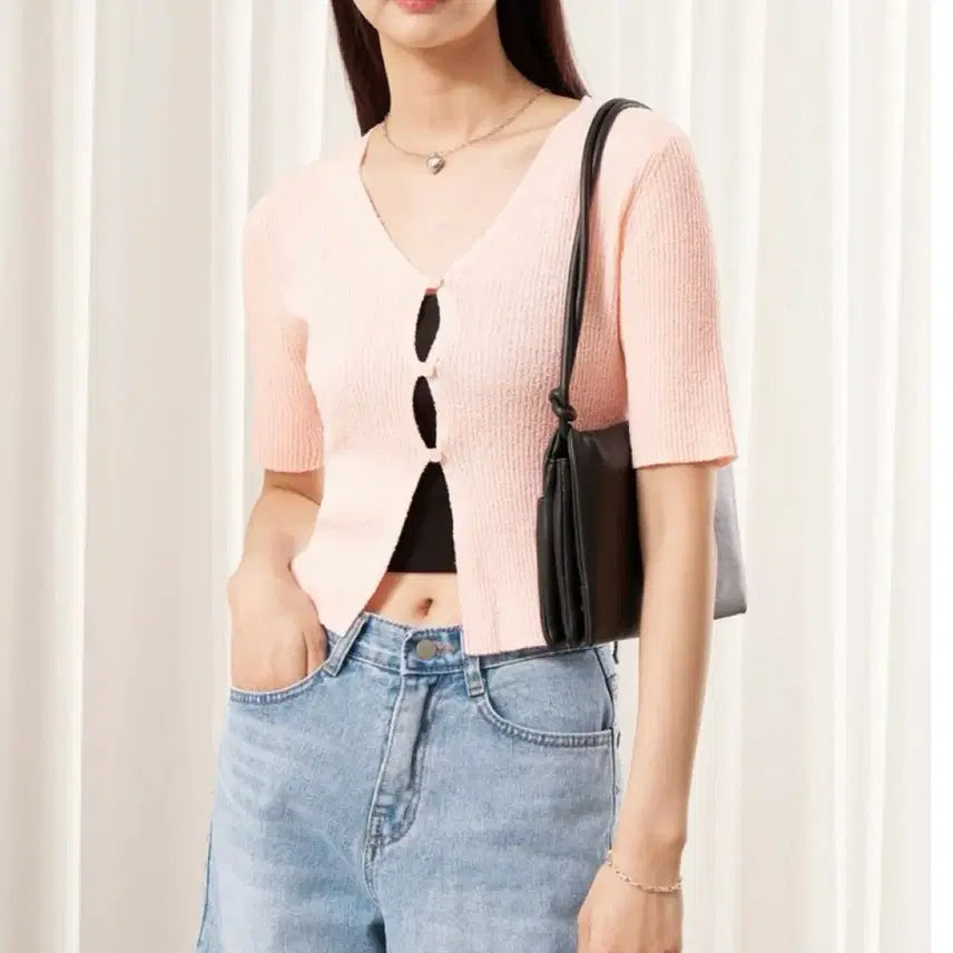 [BUNJANG] 8 Seconds Pink Ribbed Crop Cardigan / 에잇세컨즈 핑크 골지 반팔 크롭 가디건