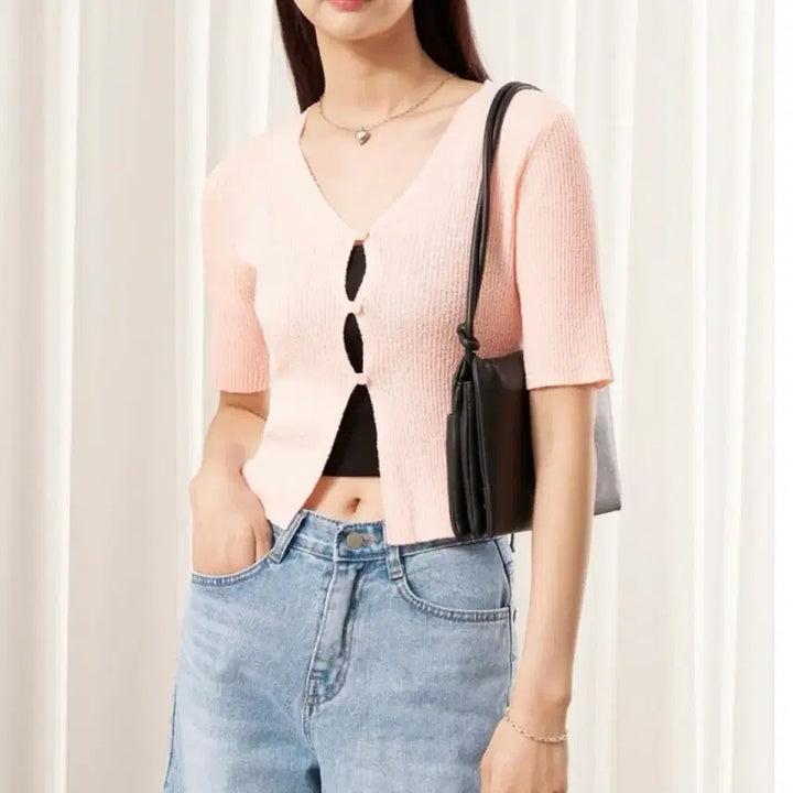 [BUNJANG] 8 Seconds Pink Ribbed Crop Cardigan / 에잇세컨즈 핑크 골지 반팔 크롭 가디건