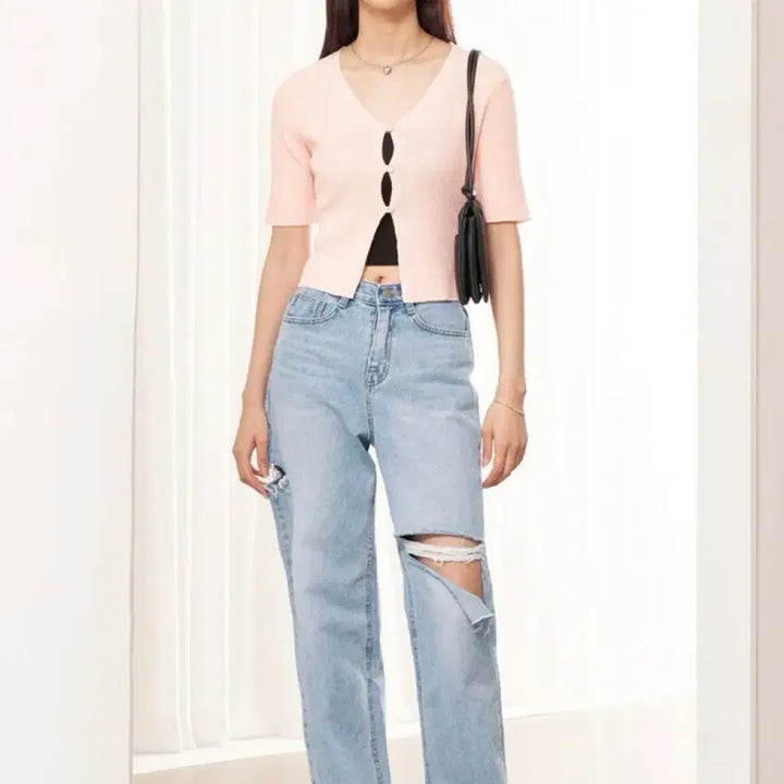 [BUNJANG] 8 Seconds Pink Ribbed Crop Cardigan / 에잇세컨즈 핑크 골지 반팔 크롭 가디건