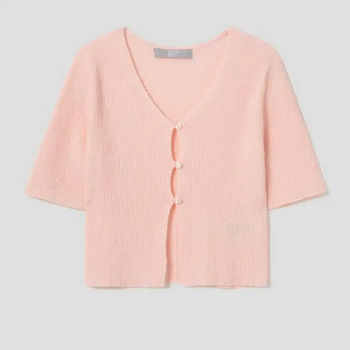 [BUNJANG] 8 Seconds Pink Ribbed Crop Cardigan / 에잇세컨즈 핑크 골지 반팔 크롭 가디건