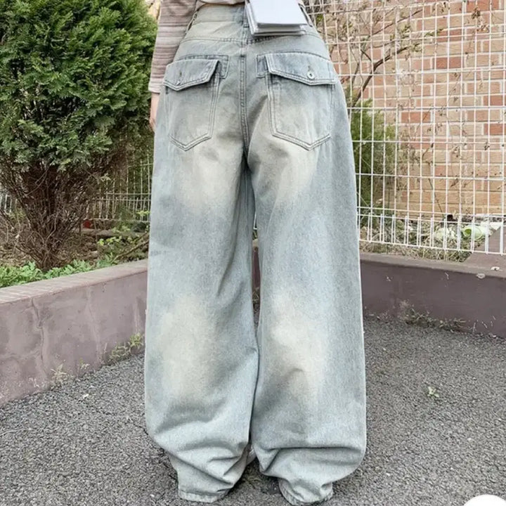 [BUNJANG] Vintage Washed Wide Long Denim Pants / 뒷포켓 빈티지 워싱 와이드 롱 데님팬츠