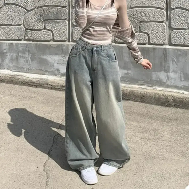 [BUNJANG] Vintage Washed Wide Long Denim Pants / 뒷포켓 빈티지 워싱 와이드 롱 데님팬츠