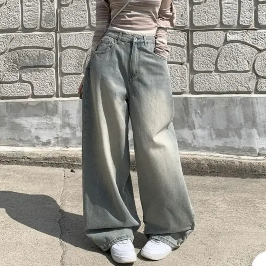 [BUNJANG] Vintage Washed Wide Long Denim Pants / 뒷포켓 빈티지 워싱 와이드 롱 데님팬츠