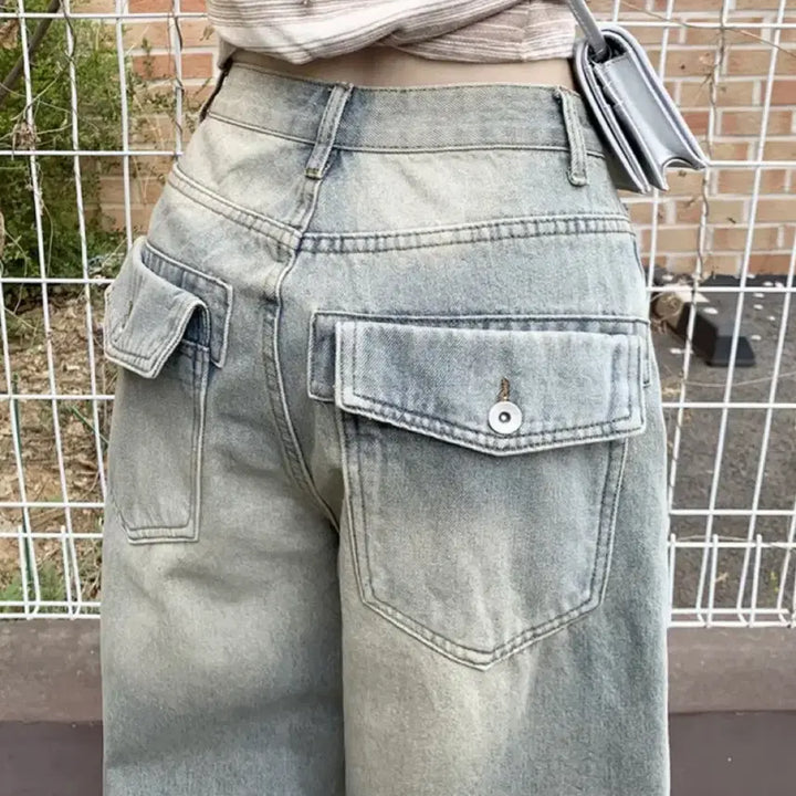 [BUNJANG] Vintage Washed Wide Long Denim Pants / 뒷포켓 빈티지 워싱 와이드 롱 데님팬츠