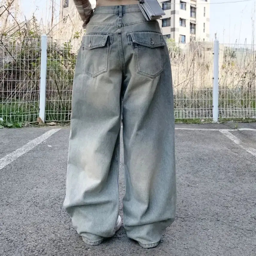 [BUNJANG] Vintage Washed Wide Long Denim Pants / 뒷포켓 빈티지 워싱 와이드 롱 데님팬츠